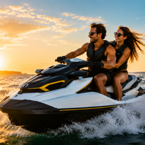 Couple riding a premium jet ski at sunset on the water near Sauble Beach during a summer adventure.